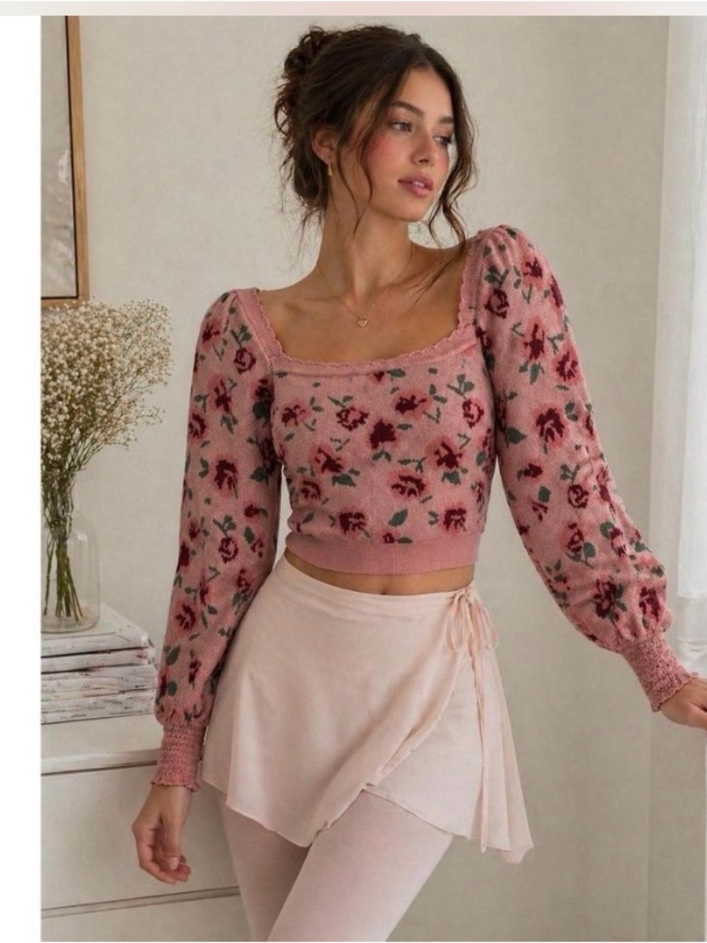 WILLOW & WIND Floral Square-Neck Puff Sleeve Knit Top - SIZE SMALL